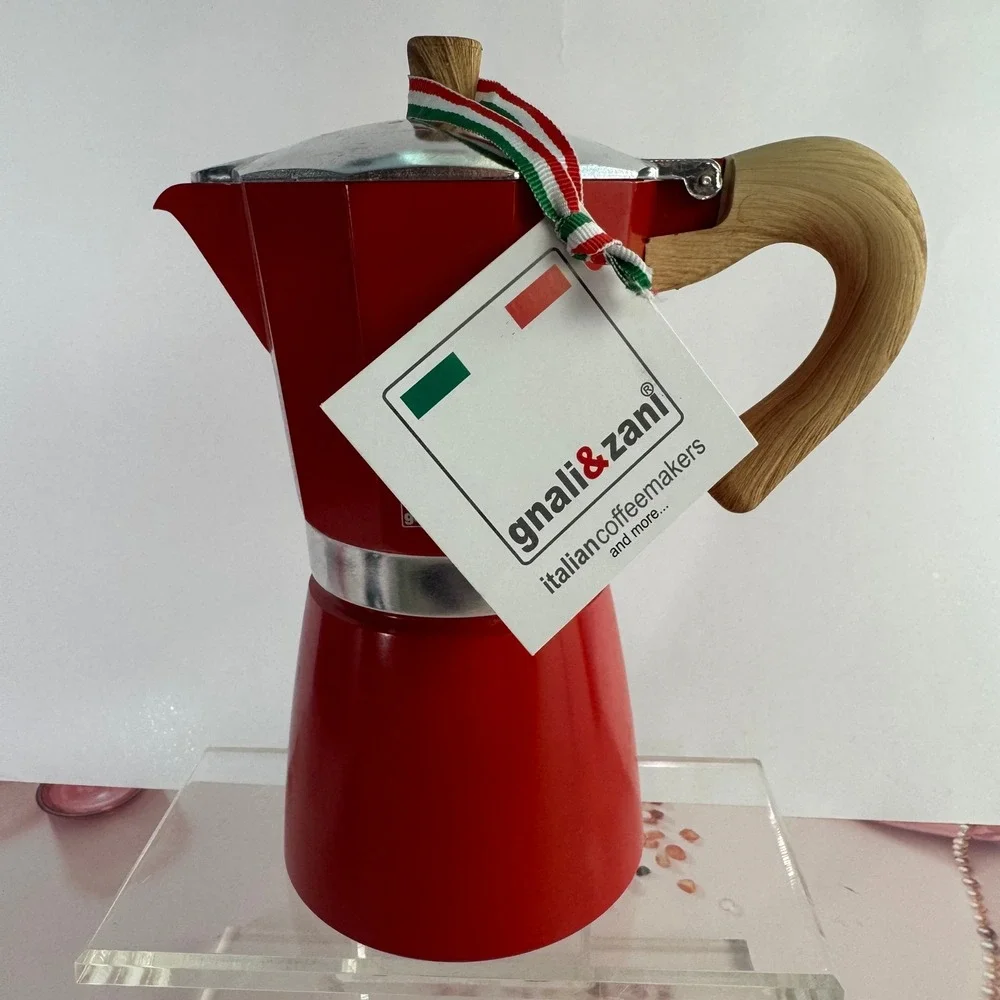 Gnali & Zani Red Stovetop Espresso Maker Moka Pot Wood Look Handle 8.5in